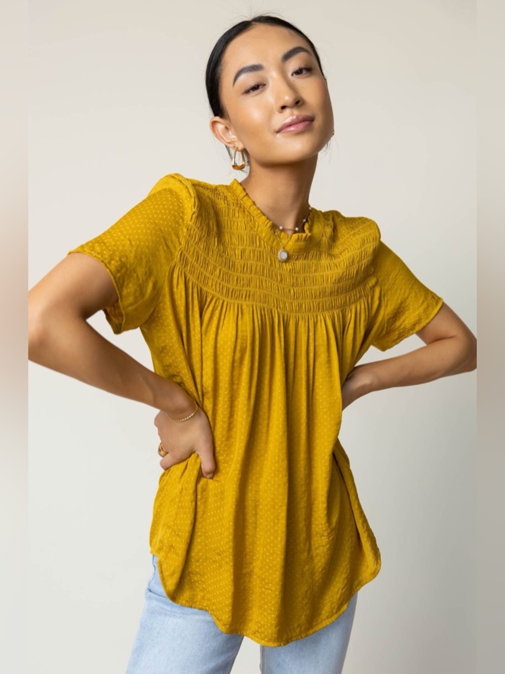 Bohme Mustard Yellow Polka Dot Smocked Yoke Ruffled Short Sleeve Blouse